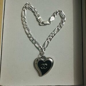 Authentic Silver and Black Chanel Heart Charm- 925 bracelet